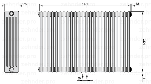 Схема (чертеж) Радиатор Zehnder Charleston 5220/24 №5410 Белый глянцевый RAL 9016